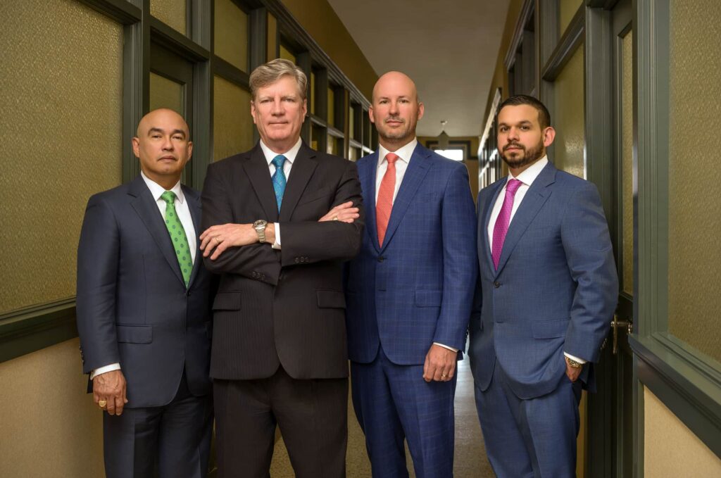 Image of 4 Senior Partners at Glasheen, Valles & Inderman Injury Lawyers. From Left to Right: Senior Partner and Attorney, Noe Valles, Senior Partner and Attorney, Kevin Glasheen, Senior Partner and Attorney, Chad Inderman, and Senior Partner and Attorney, Pedro Leyva. 