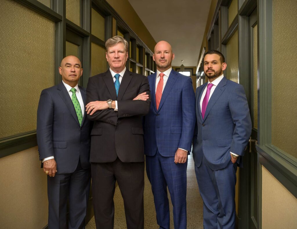 Image of 4 Senior Partners at Glasheen, Valles & Inderman Injury Lawyers. From Left to Right: Senior Partner and Attorney, Noe Valles, Senior Partner and Attorney, Kevin Glasheen, Senior Partner and Attorney, Chad Inderman, and Senior Partner and Attorney, Pedro Leyva.